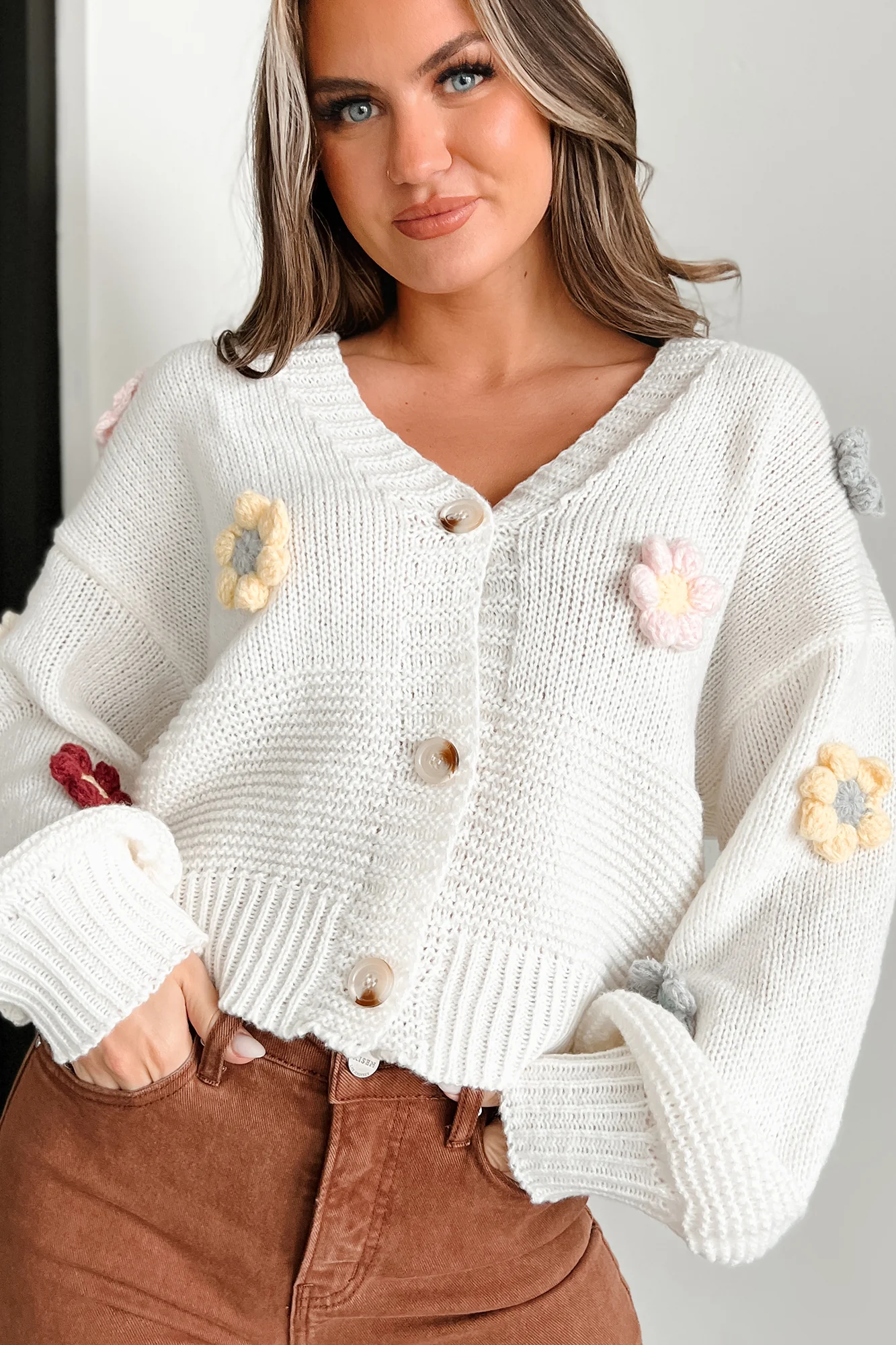 I'll Grow On You Sweater Cardigan With Crochet Flowers (Ivory)