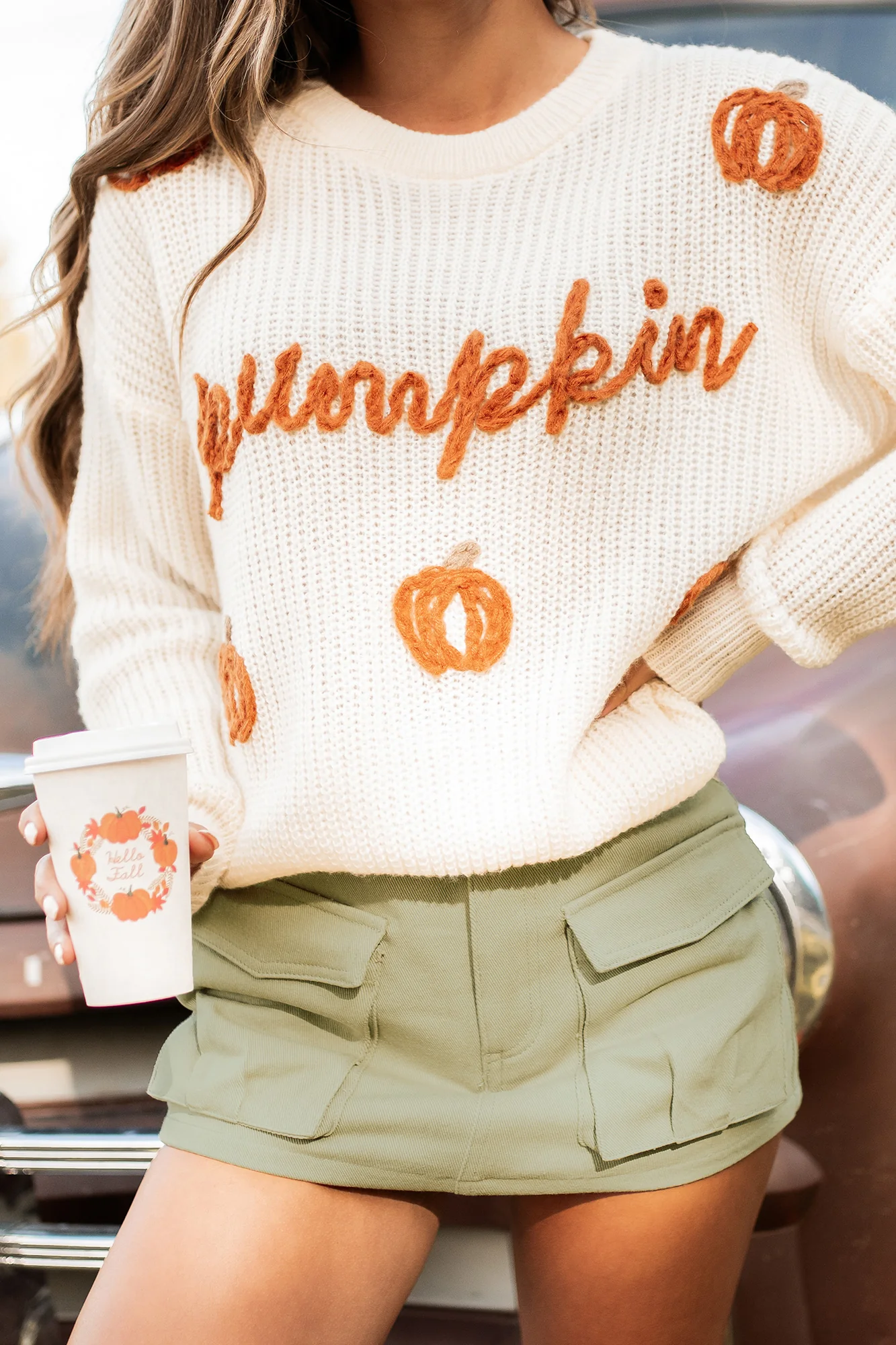 Precious Pumpkins Yarn Stitch Sweater (Cream)