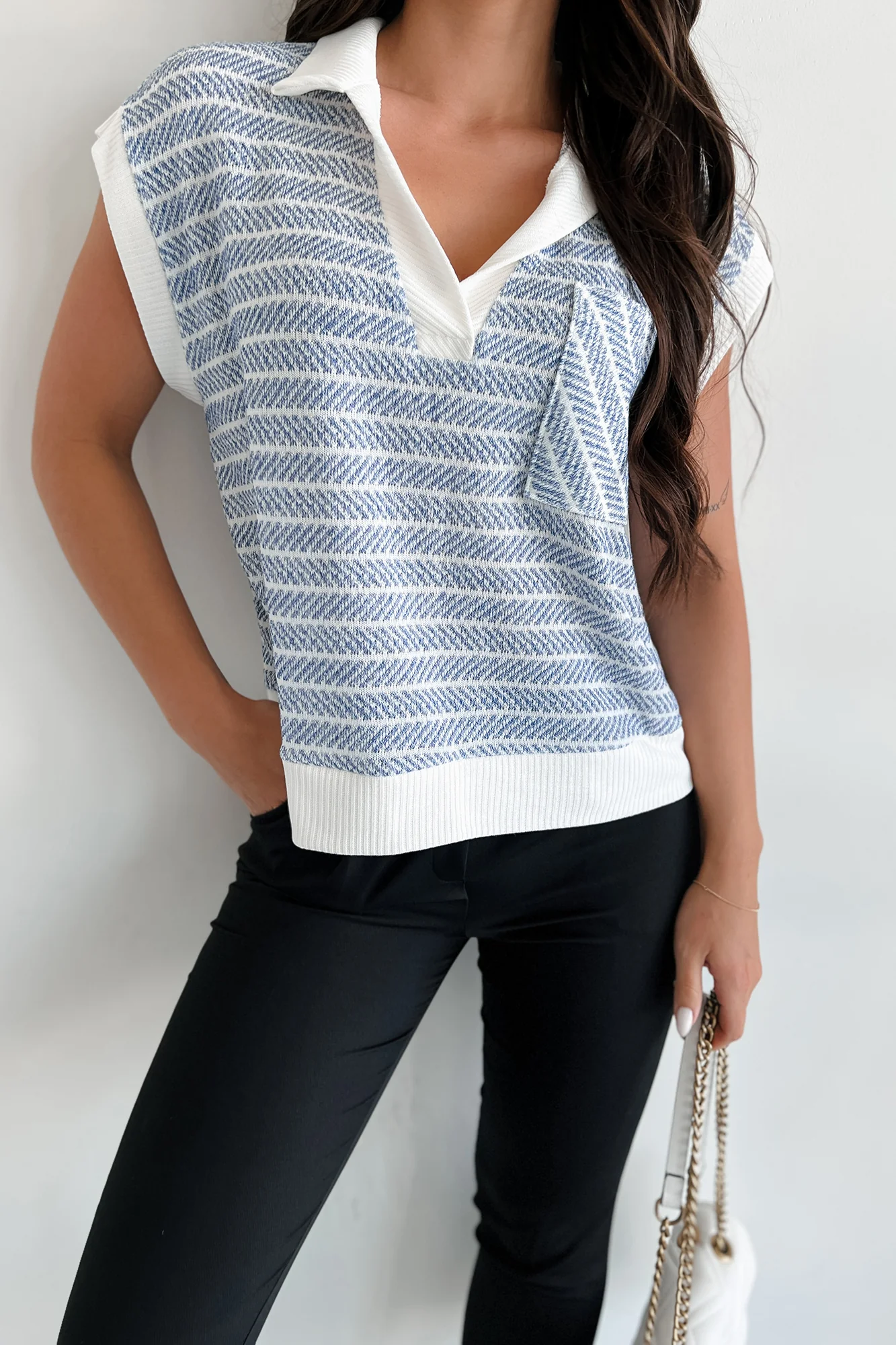 Preppy Life Striped V-Neck Top (Blue)