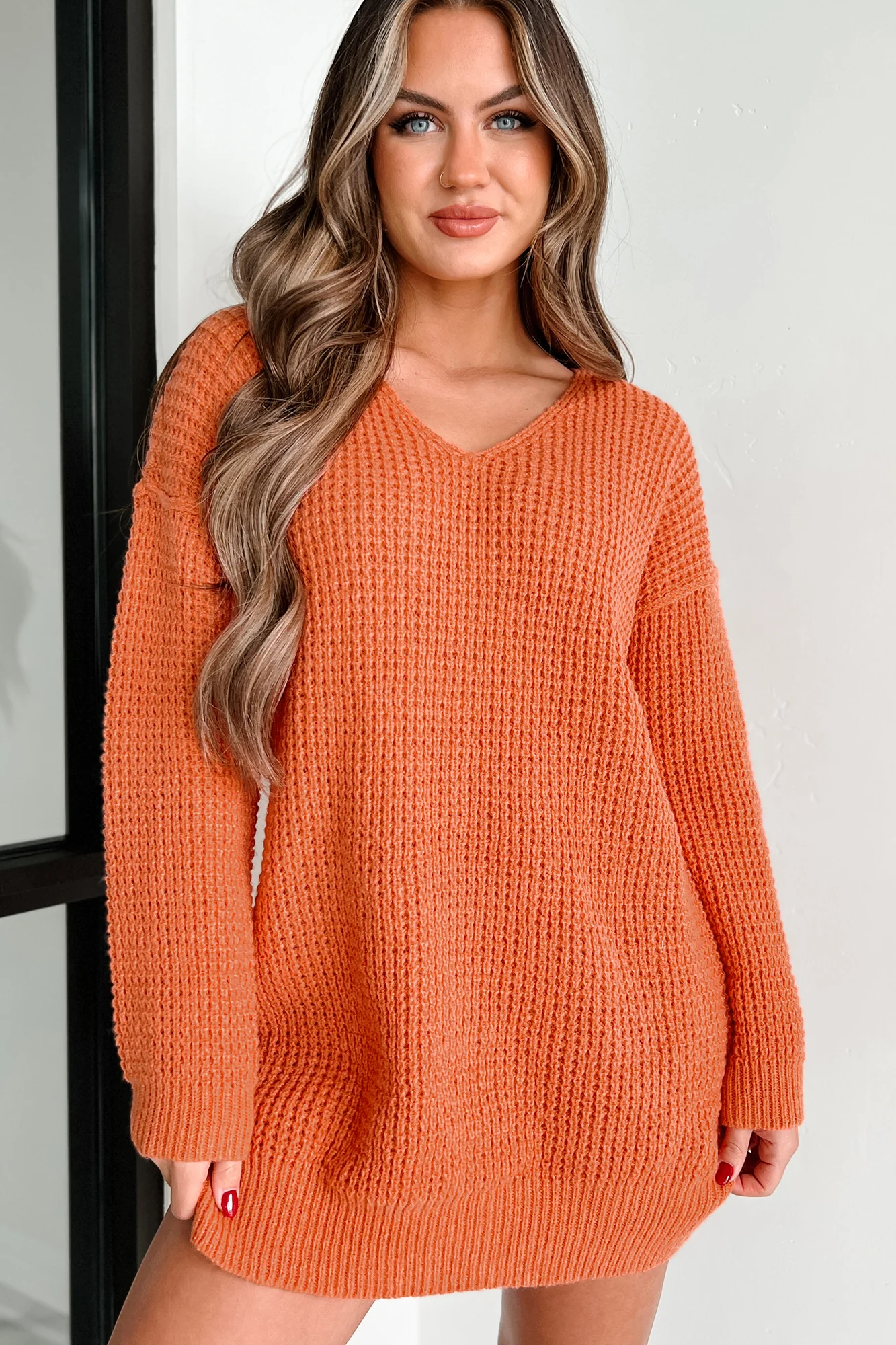 Striving For Greatness V-Neck Tunic Sweater (Carrot)
