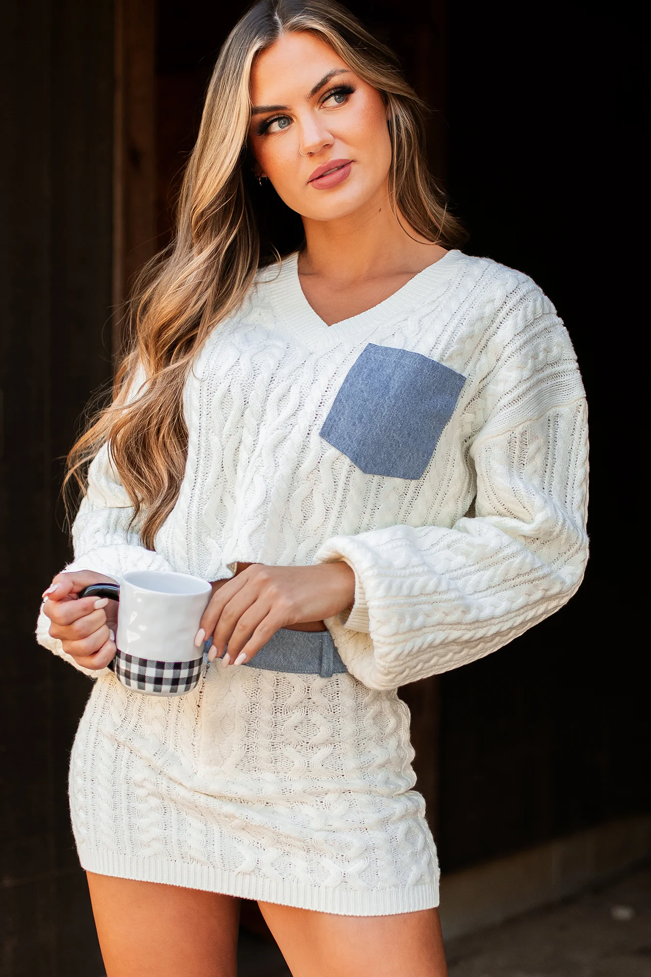 Definitely Not Average Denim Contrast Sweater Knit Two-Piece Set (Off White)