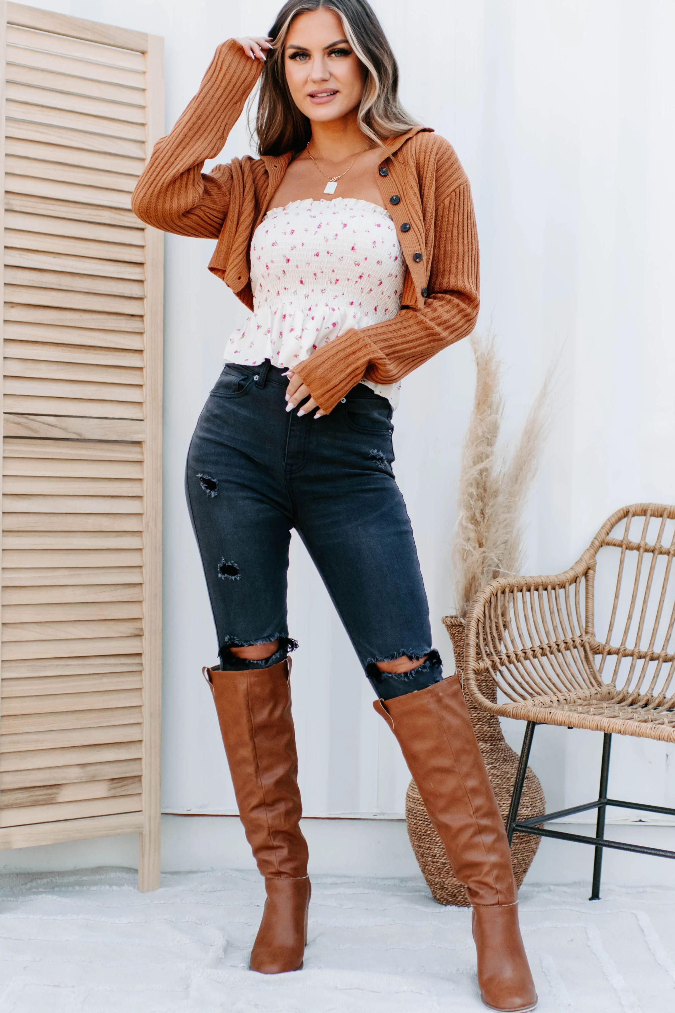 Ester Button-Up Cropped Sweater (Rust)