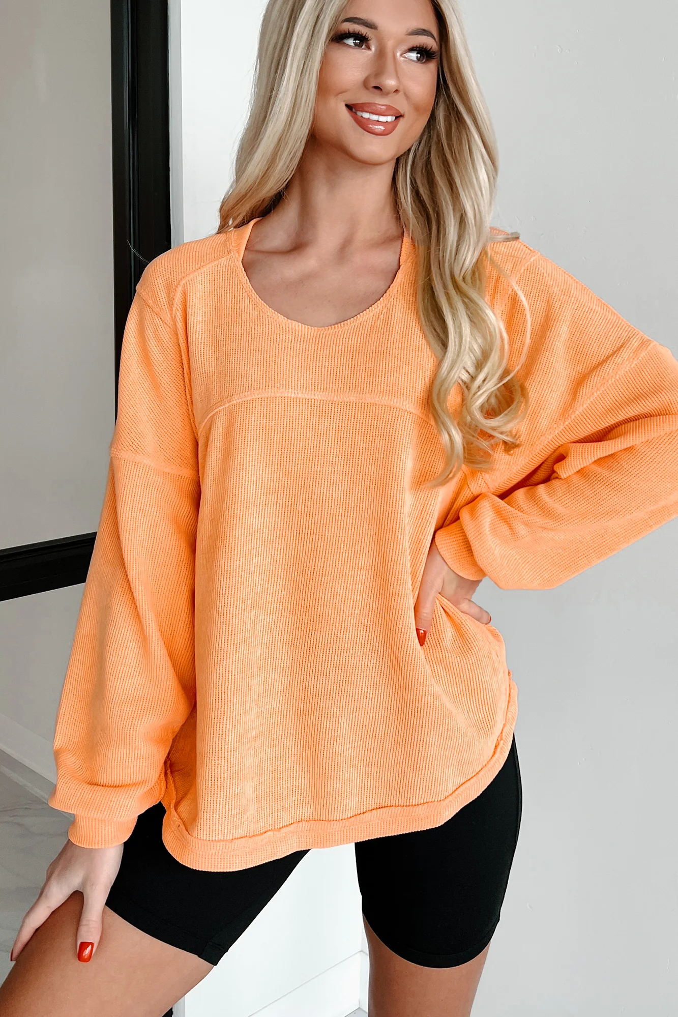 Split Second Decisions Textured Knit Long Sleeve Top (Mango)