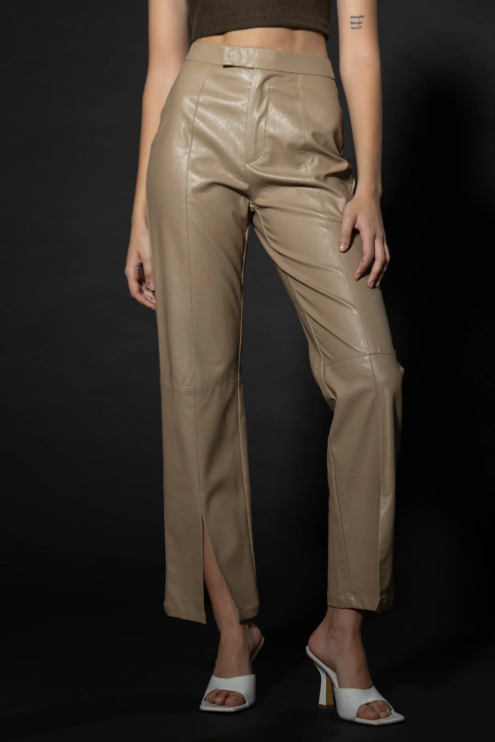 Ivy Slit Leather Pants - Beige