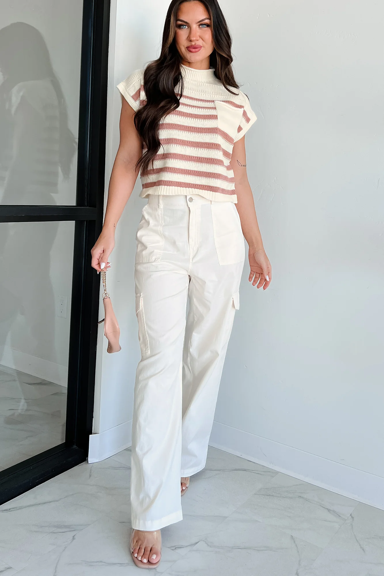 Showing Leadership Striped Sweater Top (Ivory/Mocha)