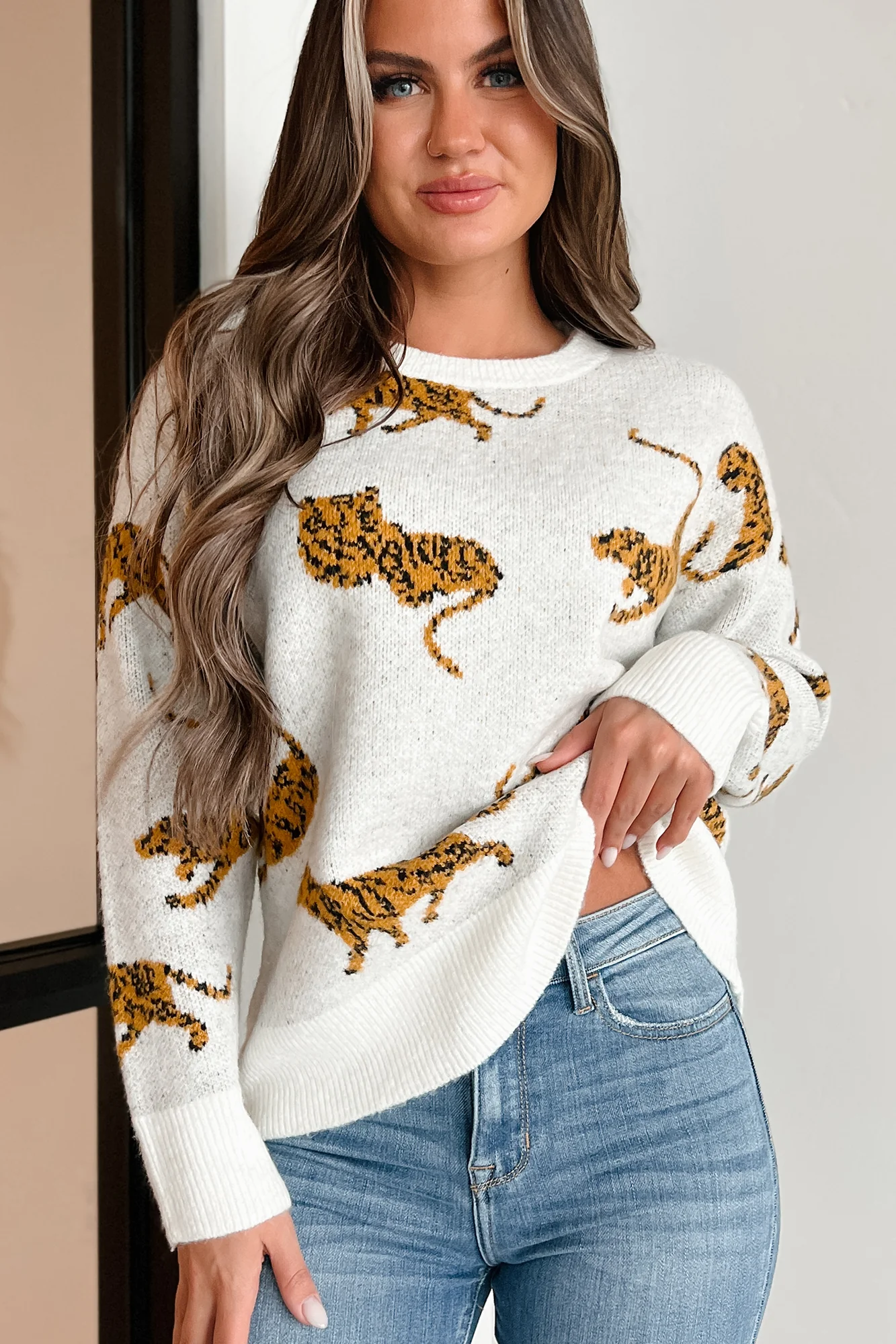 Bad Cattitude Tiger Print Sweater (Ivory)