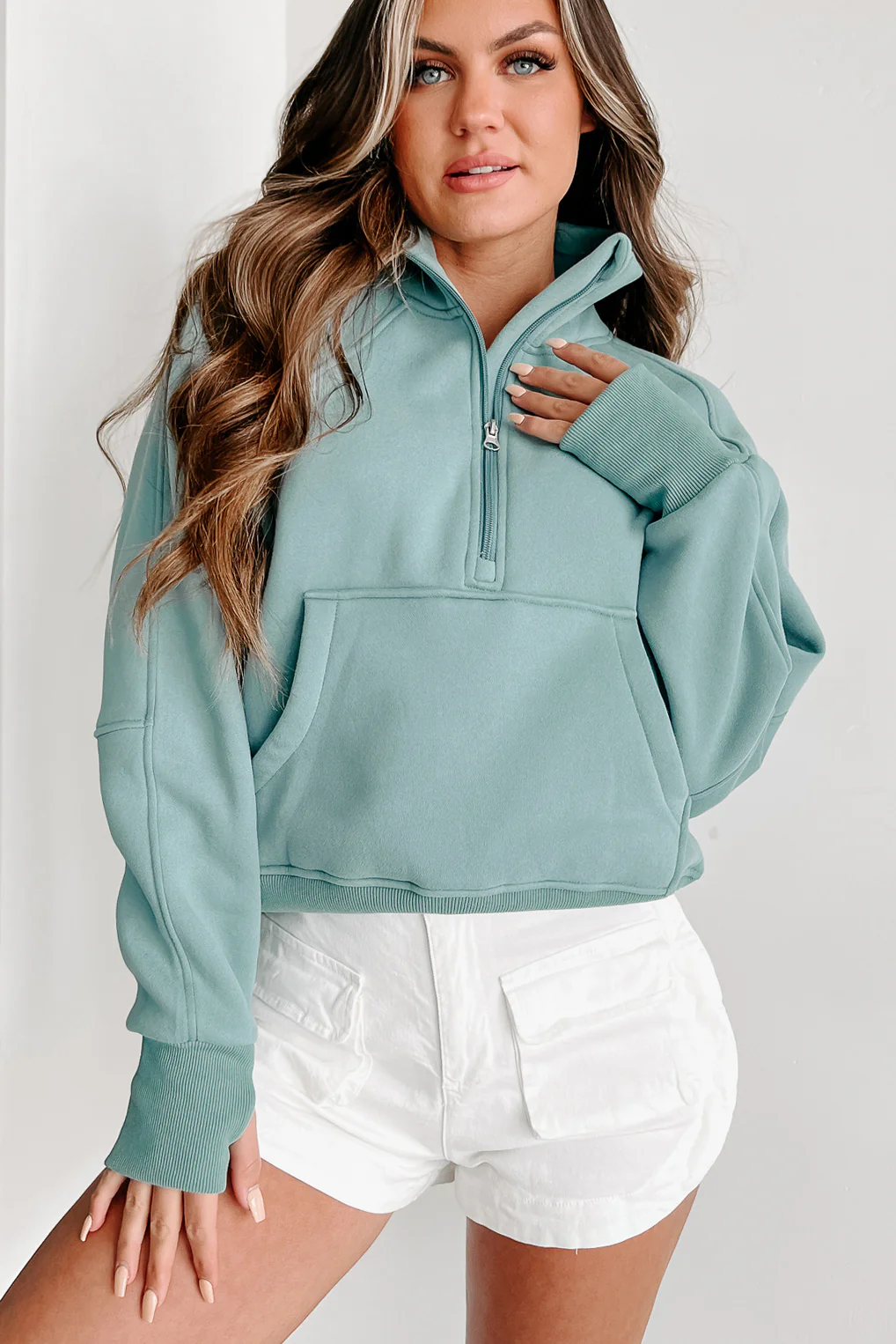 New Obsession Fleece-Lined Half-Zip Scuba Pullover (Mint Blue)