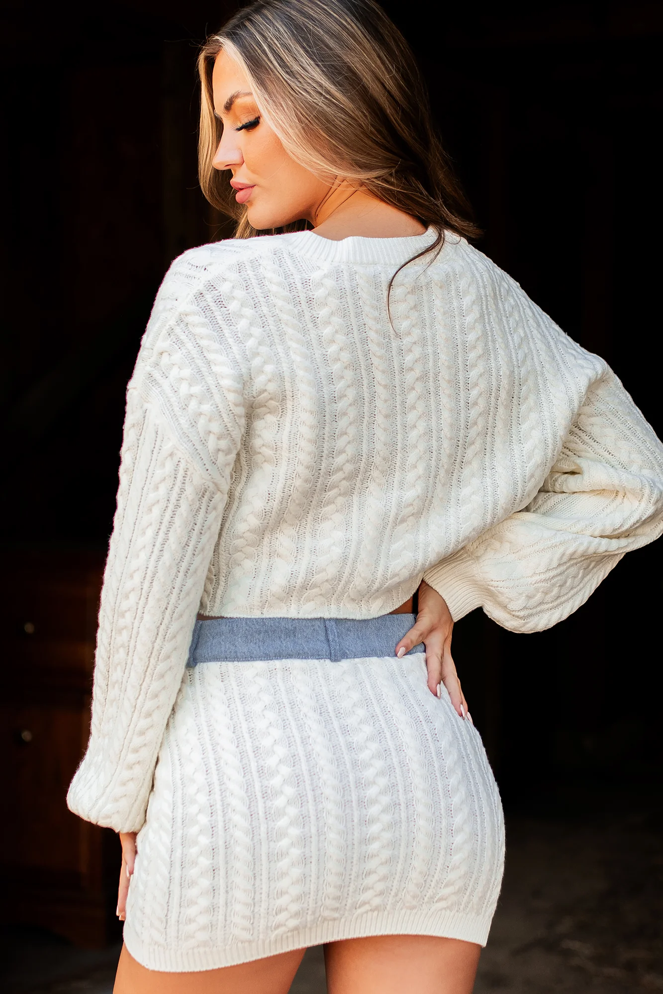 Definitely Not Average Denim Contrast Sweater Knit Two-Piece Set (Off White)