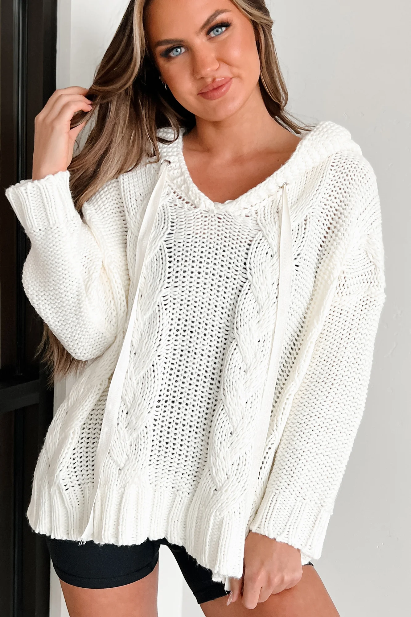 Creating Something New Cable Knit Sweater Hoodie (Ivory)