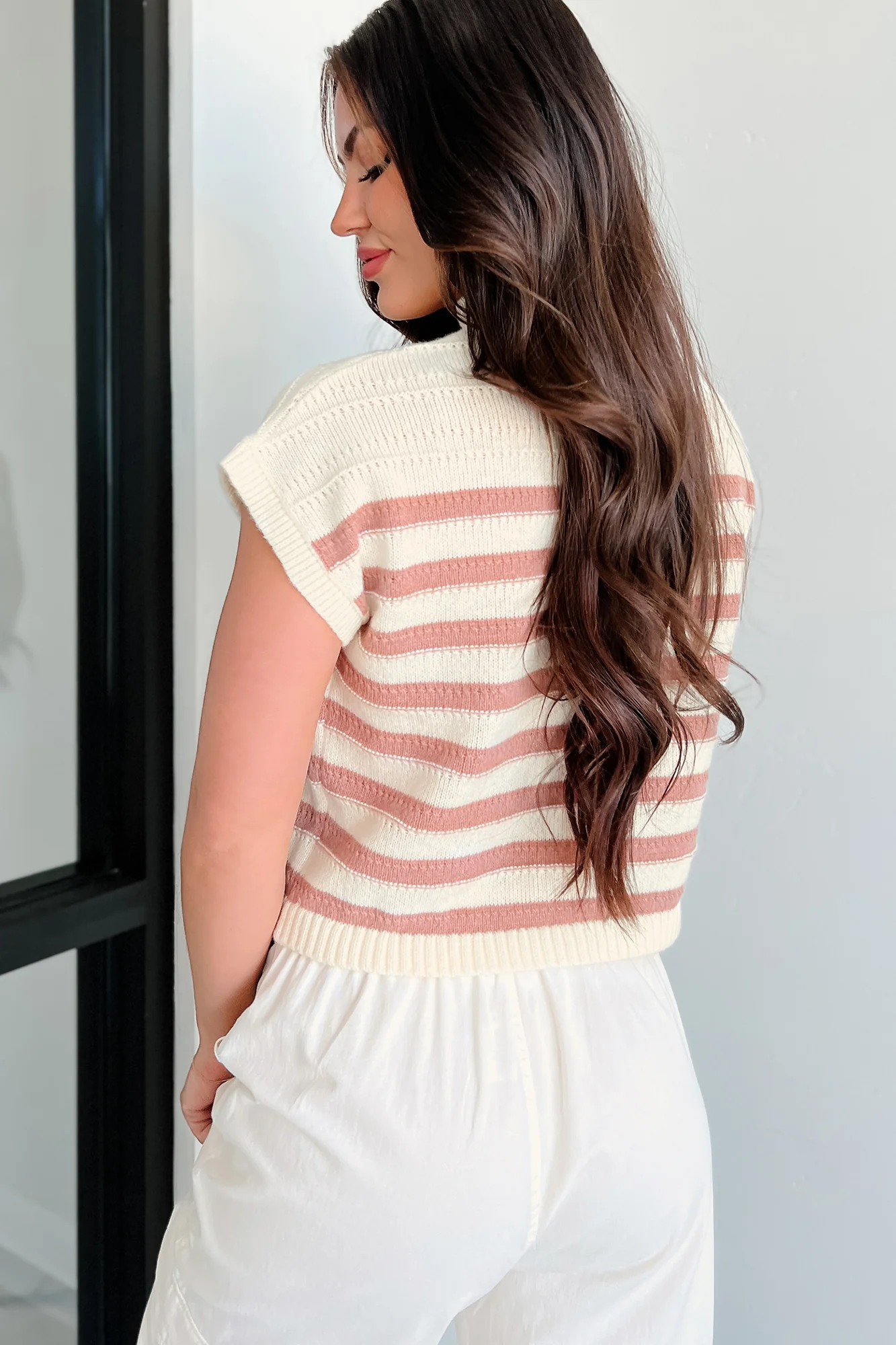 Showing Leadership Striped Sweater Top (Ivory/Mocha)