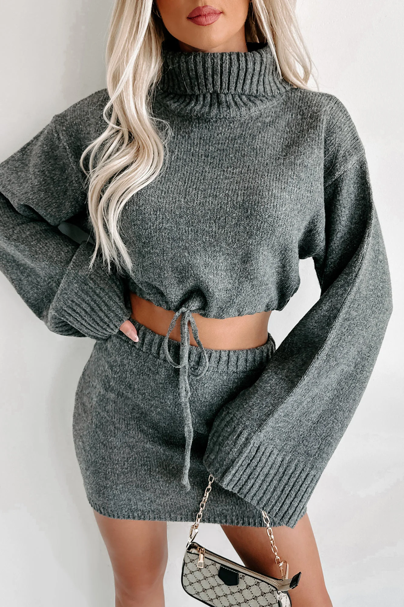 Change In The Weather Sweater Knit Crop Top & Skirt Set (Charcoal)