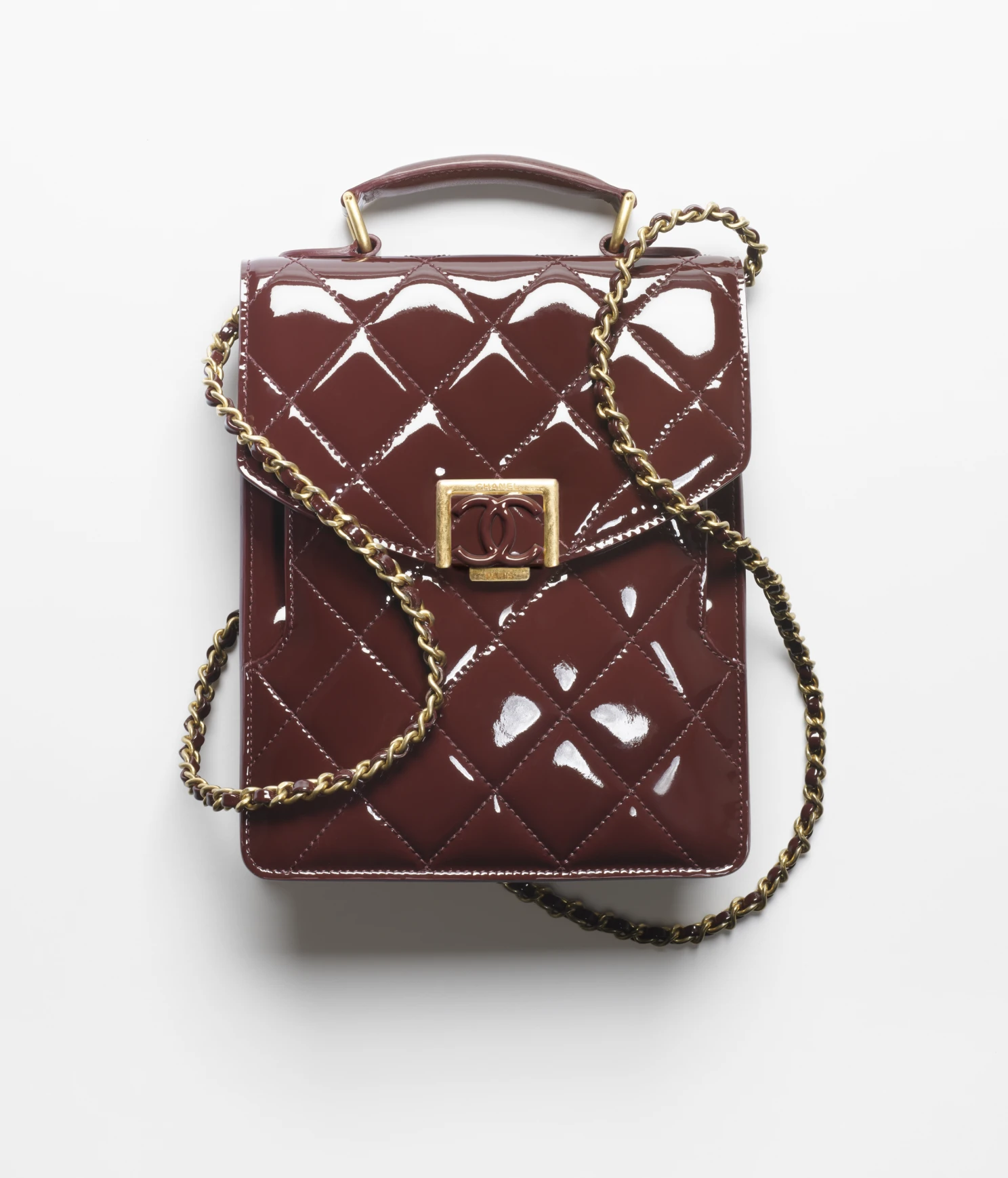 SMALL FLAP BAG Patent Calfskin & Gold-Tone Metal Burgundy