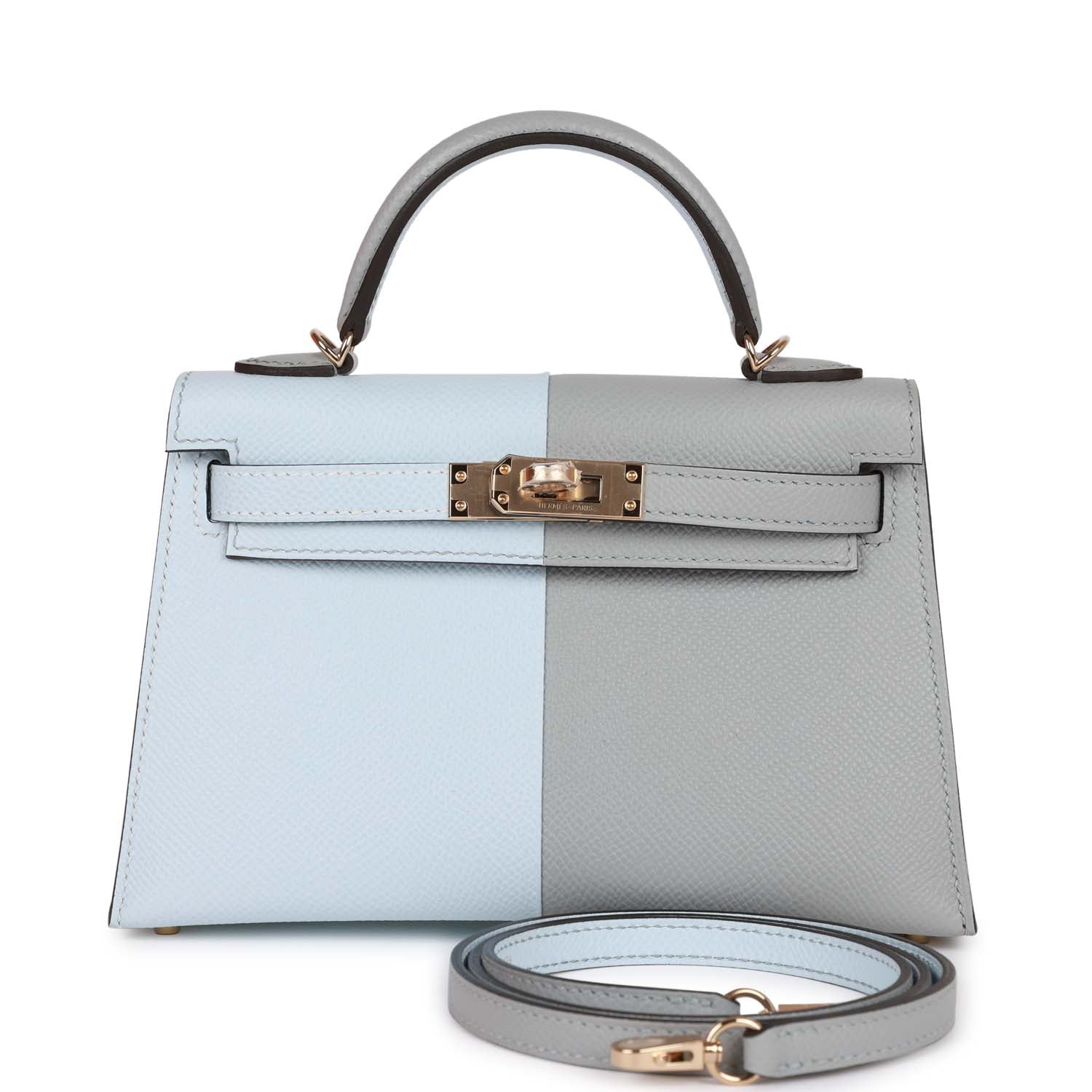 Hermès Special Order (HSS) Kelly Sellier 20 Casaque Bleu Brume and Gris Meyer Epsom Permabrass Hardware