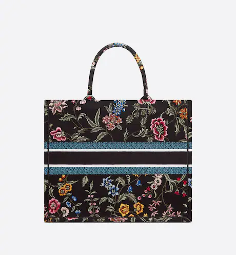 LARGE DIOR BOOK TOTE Black Multicolor Dior Petites Fleurs Embroidery (42 x 35 x 18.5 cm)