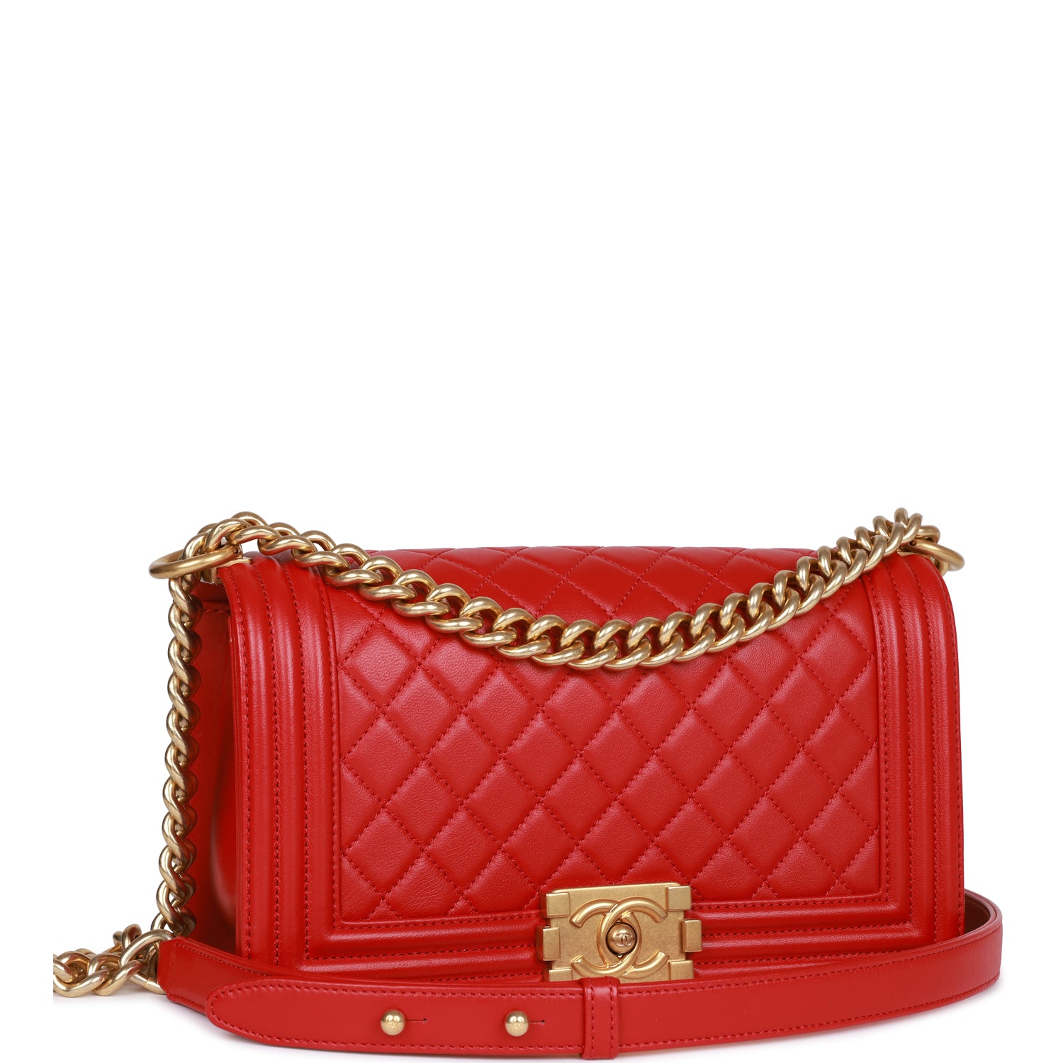 Chanel Medium Boy Bag Red Lambskin Antique Gold Hardware