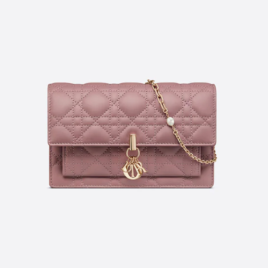 LADY DIOR CHAIN POUCH Peony Pink Cannage Lambskin