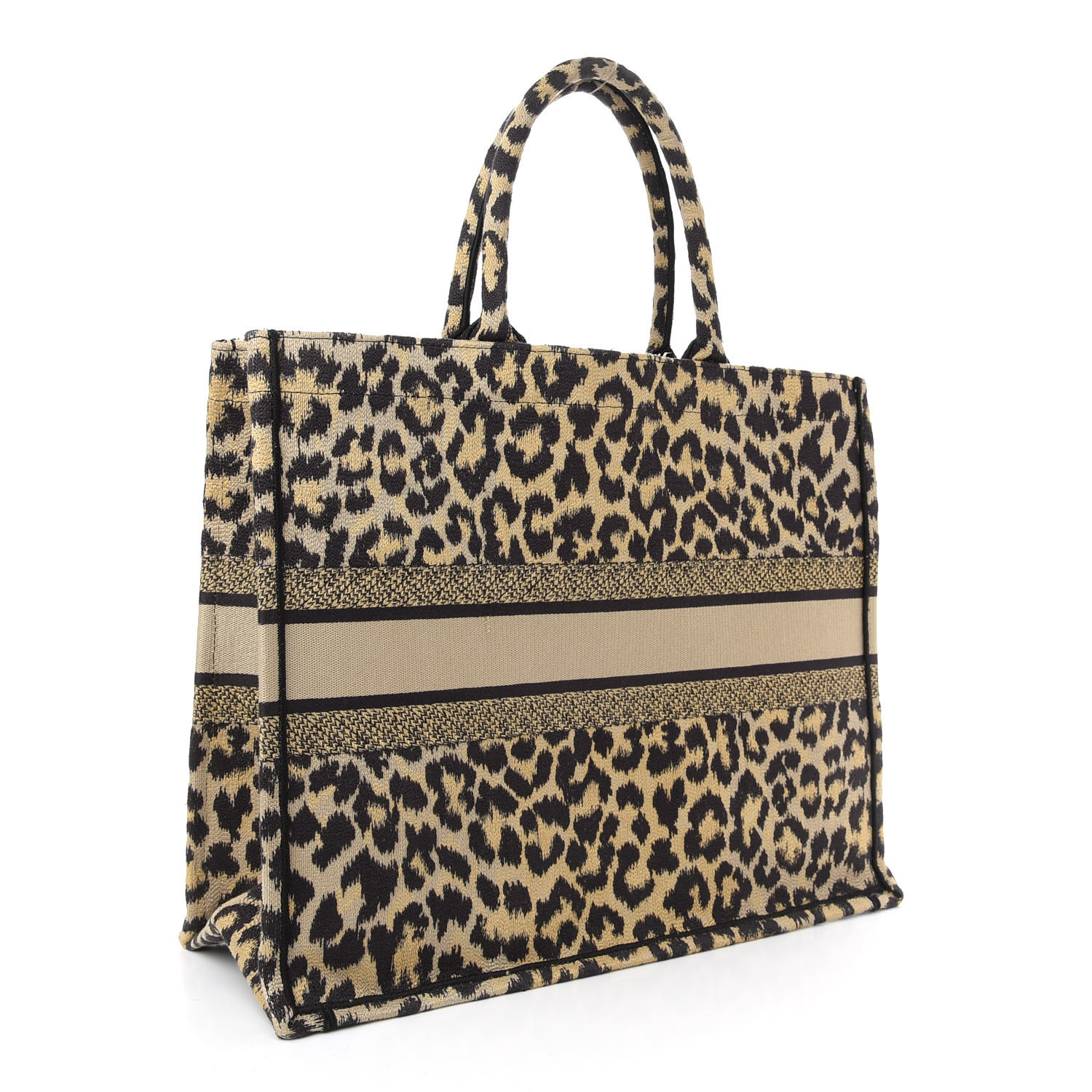 CHRISTIAN DIOR Canvas Mizza Embroidered Large Leopard Book Tote Beige