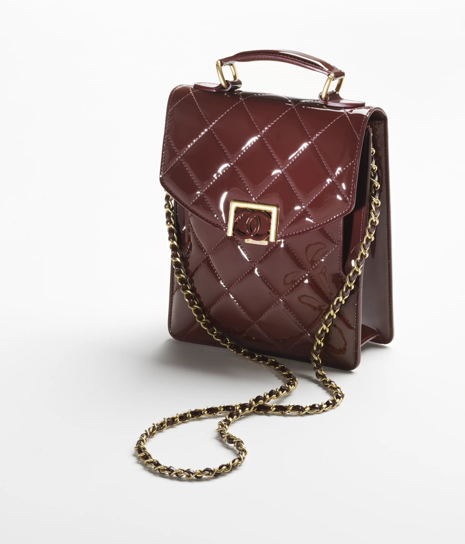 SMALL FLAP BAG Patent Calfskin & Gold-Tone Metal Burgundy