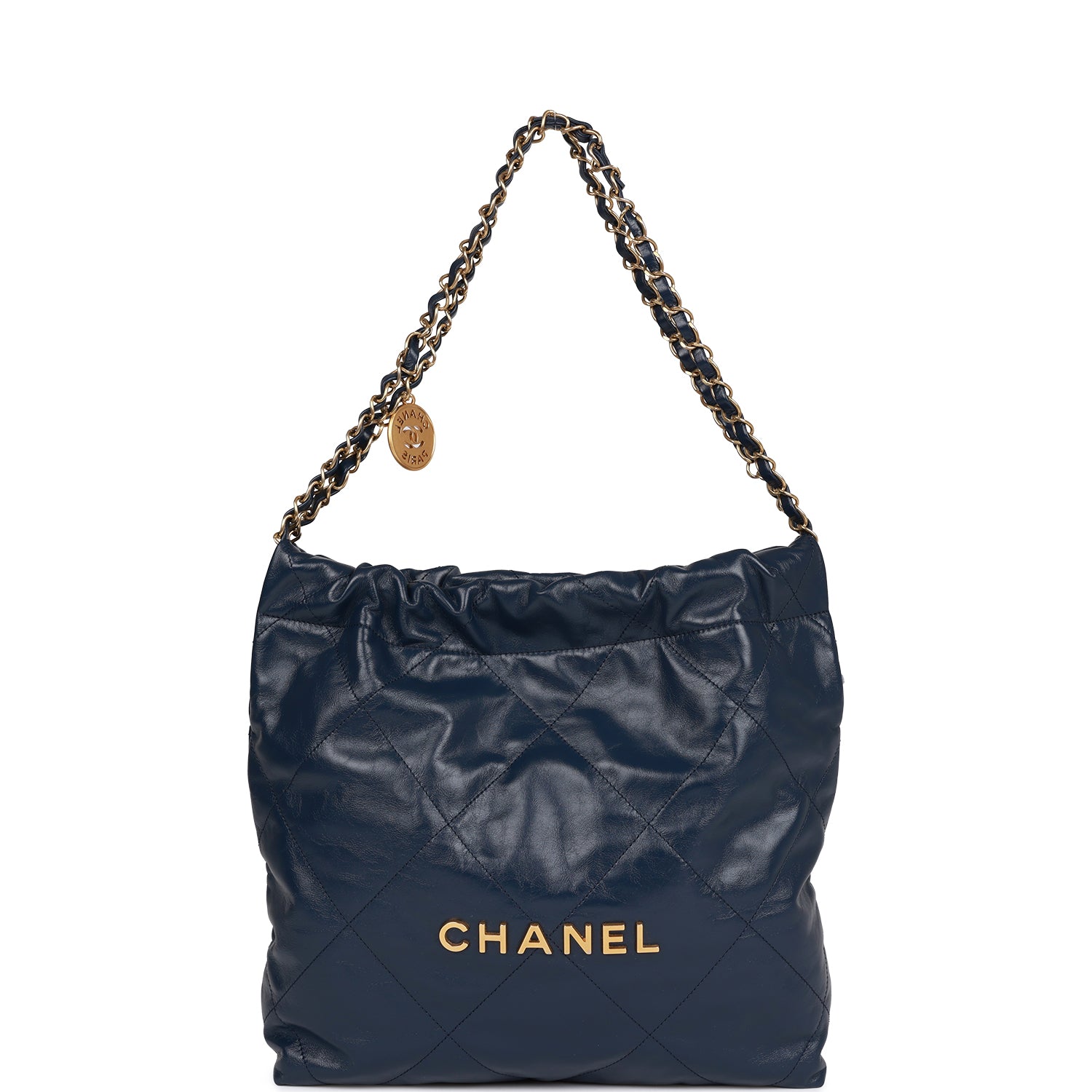 Chanel Large 22 Bag Navy Lambskin Antique Gold Hardware