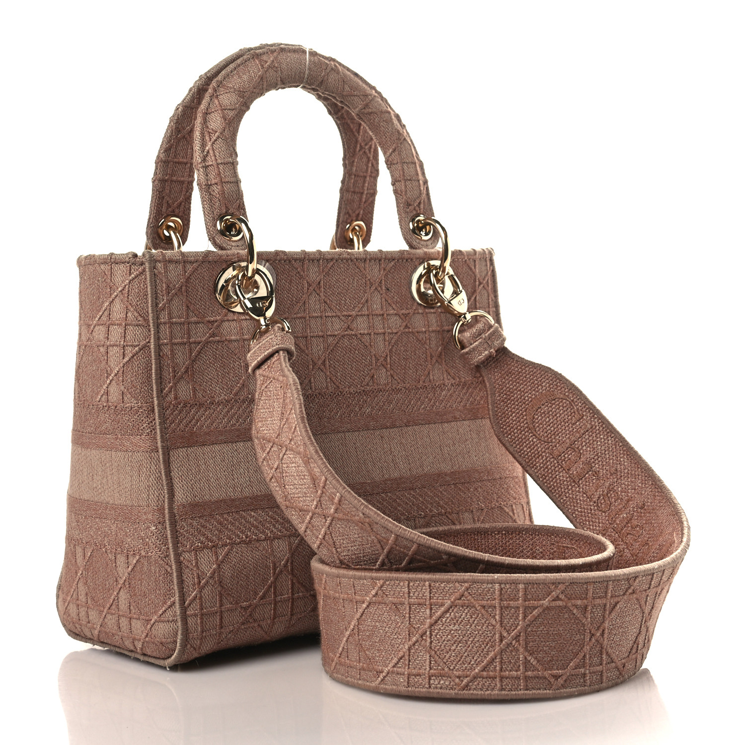 CHRISTIAN DIOR Canvas Embroidered Cannage Medium Lady D-Lite Pink