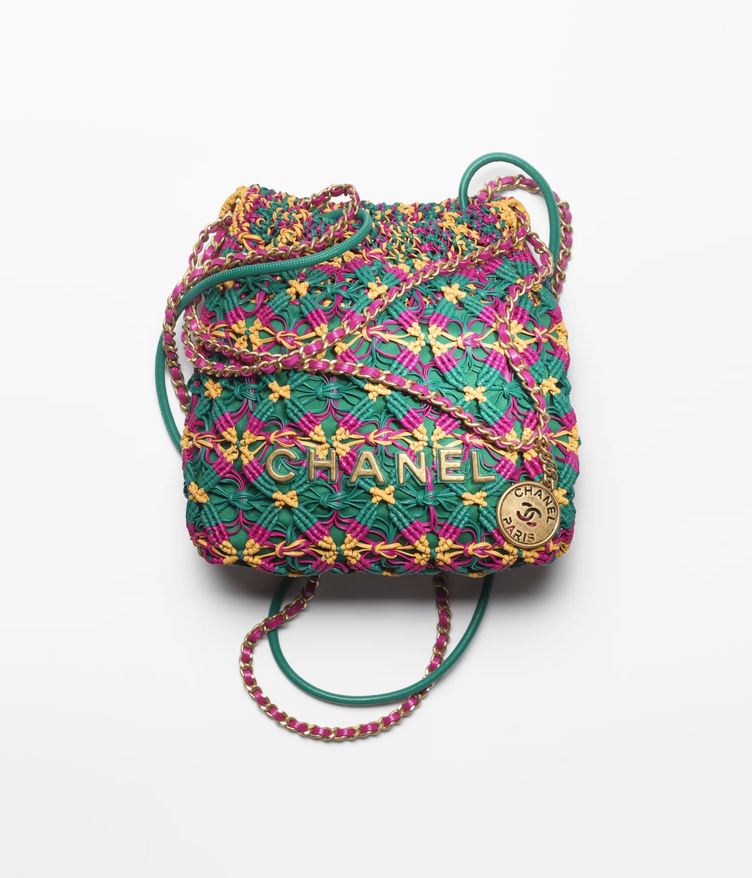 CHANEL 22 MINI HANDBAG Calfskin Macrame & Gold-Tone Metal Dark Green, Dark Pink & Yellow
