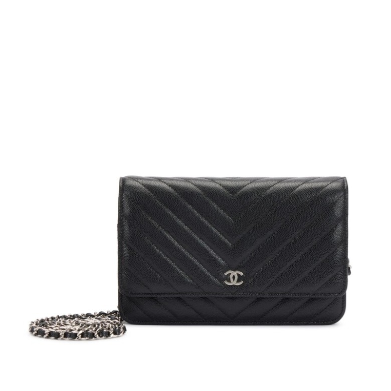 Black Caviar Chevron Wallet On Chain Silver Hardware