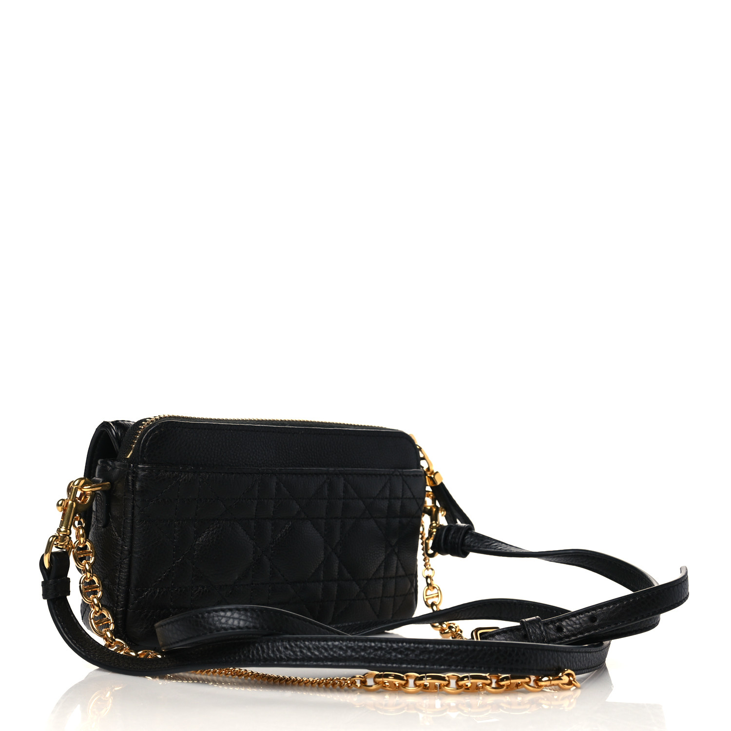 CHRISTIAN DIOR Supple Calfskin Cannage Caro Pouch with Chain Black