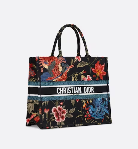 LARGE DIOR BOOK TOTE Black Multicolor Dior Birds Embroidery (42 x 35 x 18.5 cm)