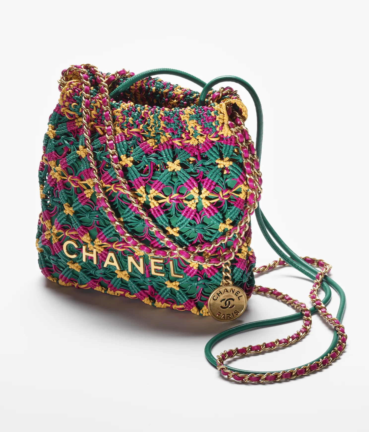 CHANEL 22 MINI HANDBAG Calfskin Macrame & Gold-Tone Metal Dark Green, Dark Pink & Yellow
