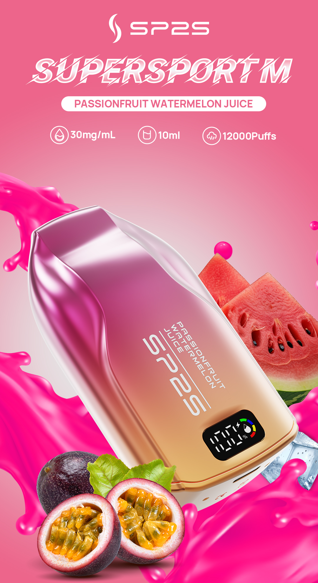 SP2S SUPERSPORT M 12000 Puffs (Digital display Rechargeable) - Passion fruit - VAPESAU