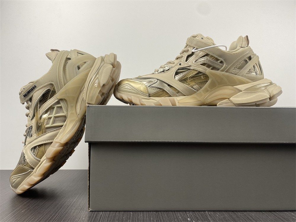 Balenciaga White/Beige Leather And Mesh Track 2 Chunky Sneakers