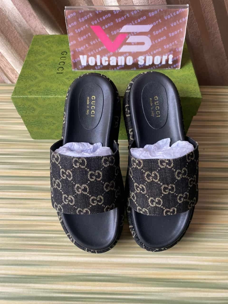 GUCCI Angelina Platform 55 mm Sandal Black Jacquard Denim