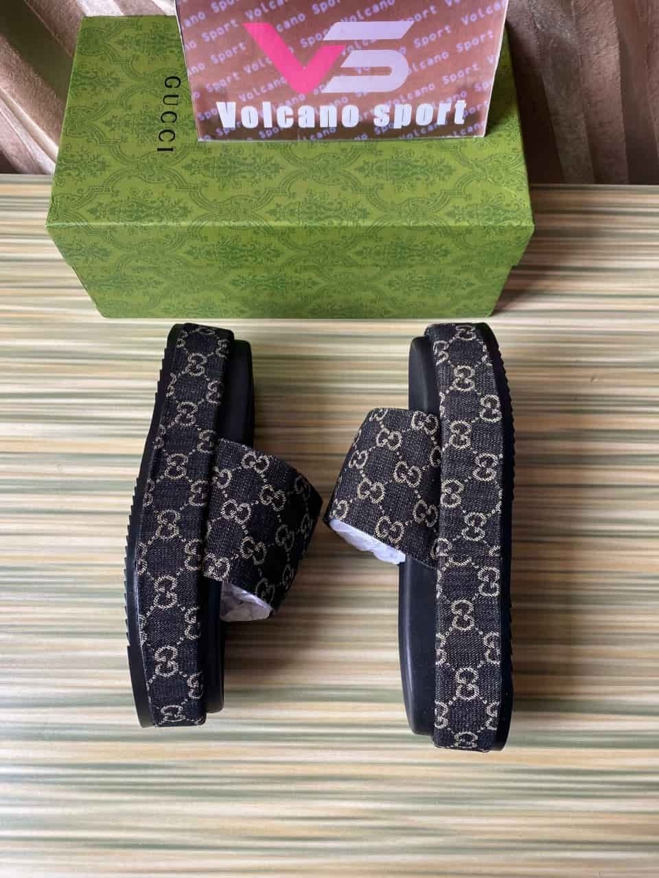 GUCCI Angelina Platform 55 mm Sandal Black Jacquard Denim