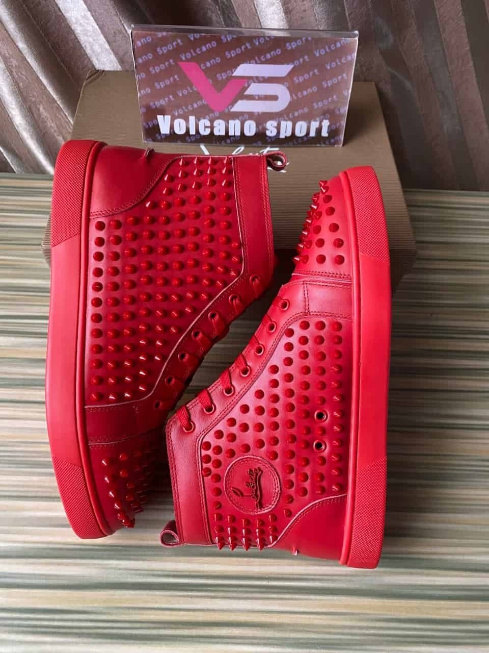 Christian Louboutin Louis Flat Poppy Red Suede -Metallic Spike