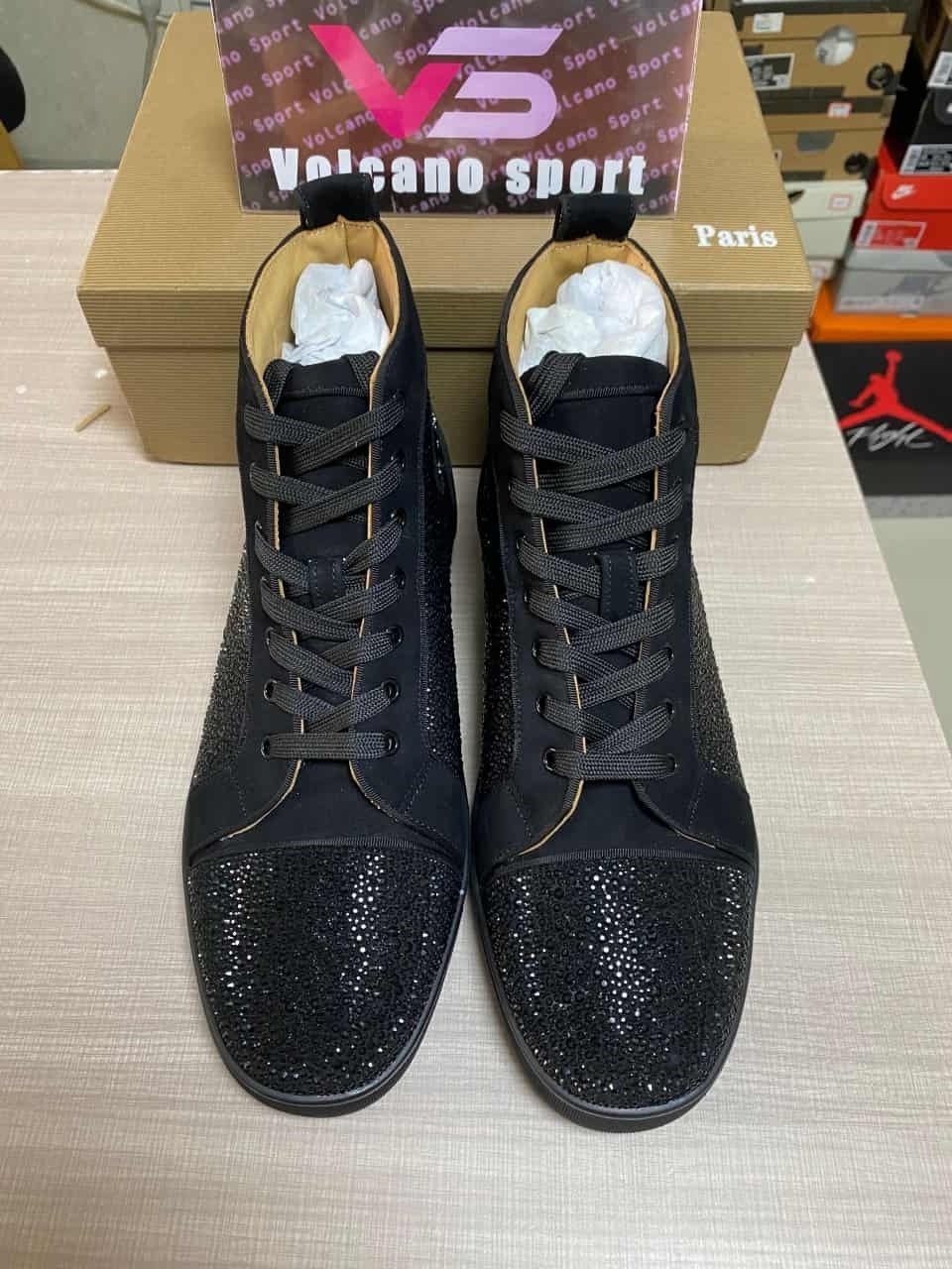 Christian Louboutin High top Full Diamond Black Suede Rhinestone Shoes