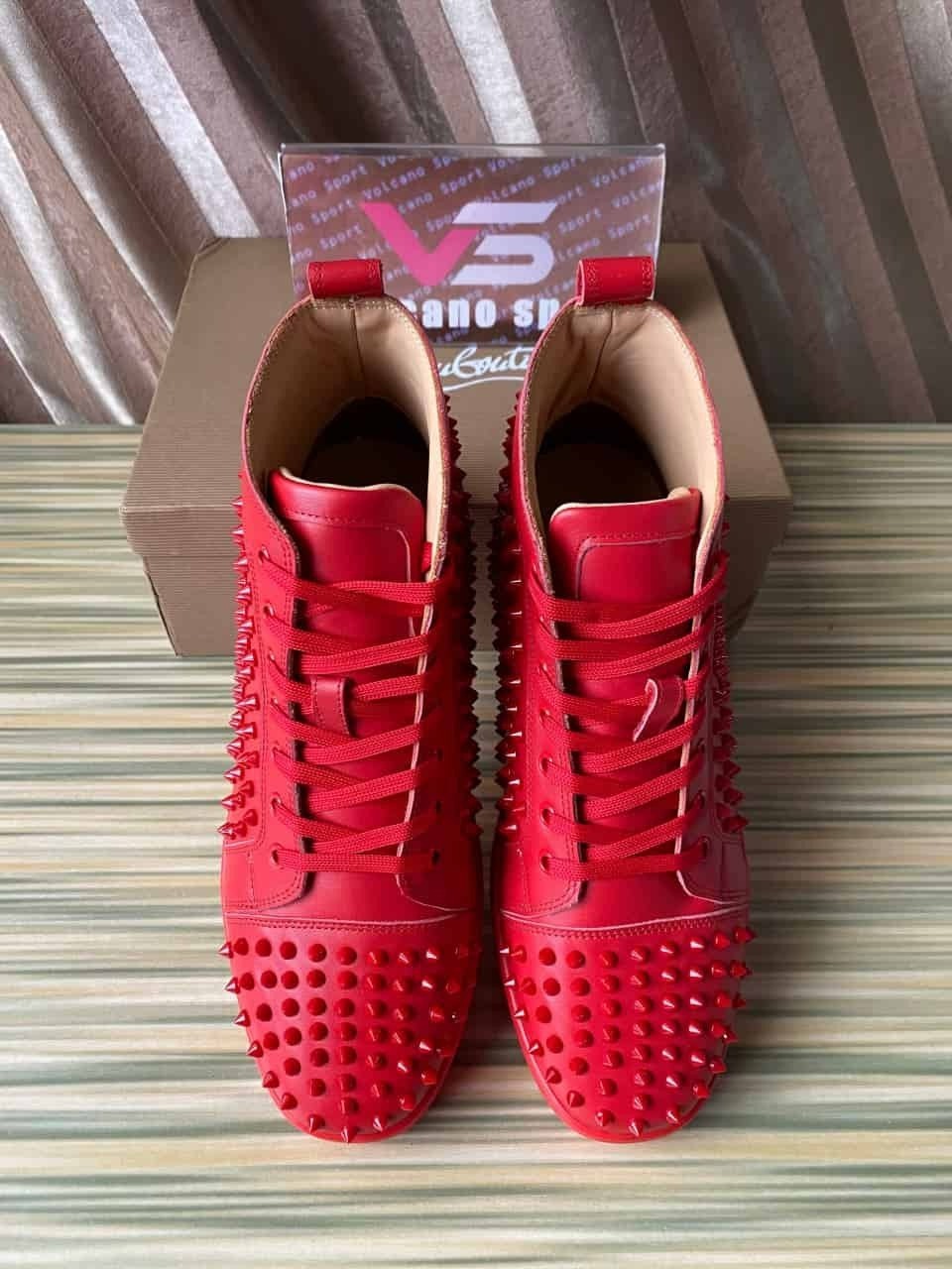 Christian Louboutin Louis Flat Poppy Red Suede -Metallic Spike