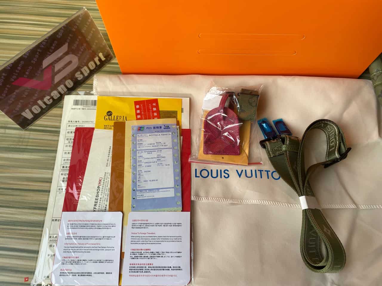 LV Keepall Bandouliere 45 Khaki Green/Vermillion Red